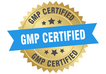 gmp certified. gmp certified round blue and gold label isolated on transparent background