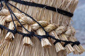 Close up a komomaki or traditional Japanese winter tree wrapping on a tree in Japan made of straw...