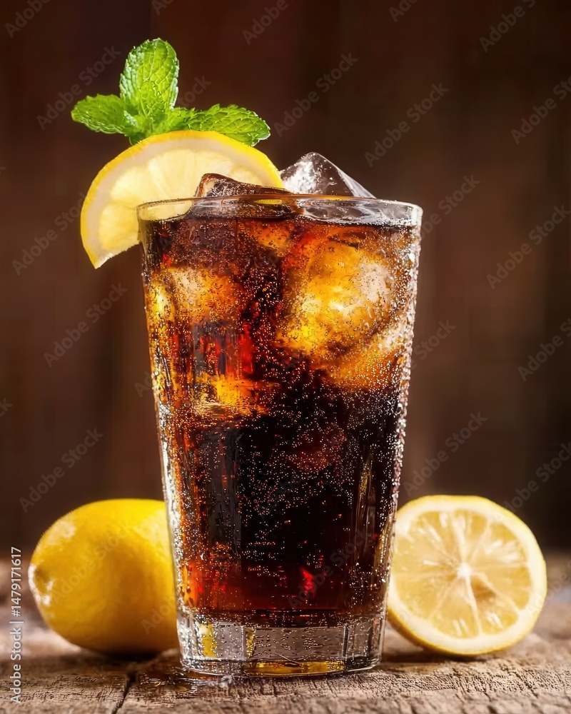 Aufkleber refreshing cola drink with ice cubes and lemon slice on rustic wooden table studio shot close up ver