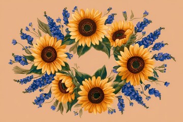Floral wreath of sunflowers and vibrant blossoms.
