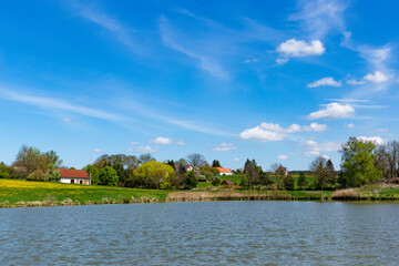 Spring landscape with a lake and a field
