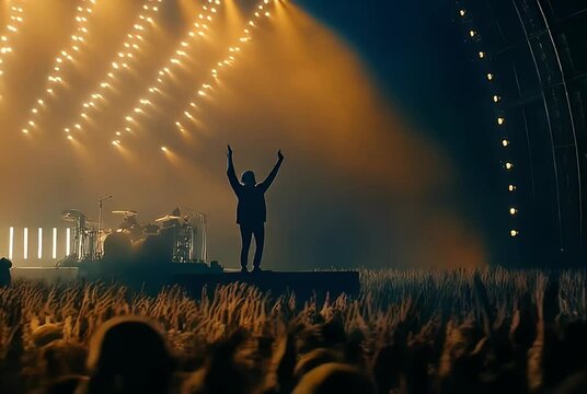 Solo artist on stage, arms raised, crowd cheering, dramatic lighting