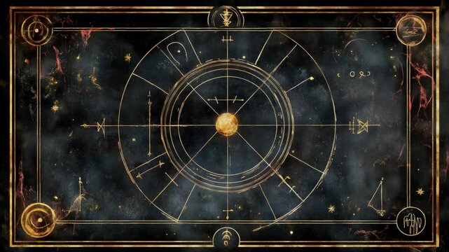 Tarot card style abstract background, black and gold line circle spin motion with stars, gothic style 
