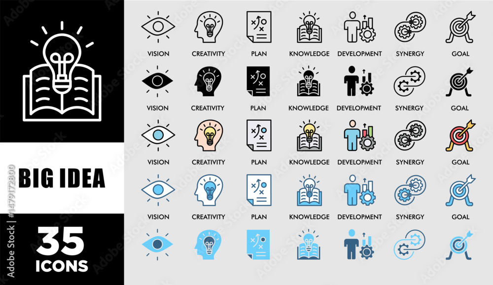 Poster big idea icon set with various styles and colors customer satisfaction questionnaire vision, creativ