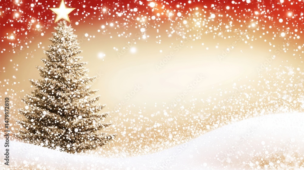 Poster christmas tree with golden star on snowy landscape with sparkling snowflakes and copy space