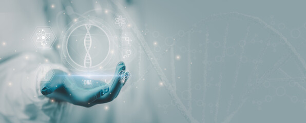 Future medicine, Doctor work digital healthcare AI innovation, Smart hospital technology, DNA analytics biotechnology, healthcare genetic research medical lab disease defects, drug develop treatment.