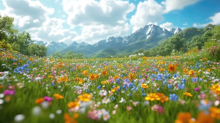 Fototapeta premium Wildflower Meadow in the Mountains: A vibrant expanse of wildflowers in full bloom, showcasing the beauty of nature in the foothills of snow-capped mountains under a clear blue sky.