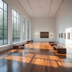 Obraz premium A peaceful modern gallery interior with warm sunlight, minimalist decor,