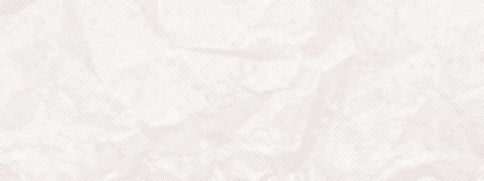 White wrinkled paper texture. Vector halftone pixelated manga background. Light beige neutral color dots bg. Grungy urban backdrop. Wide horizontal duotone banner. Crumpled punk collage template