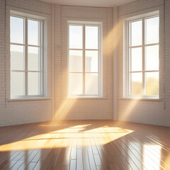 A tranquil white brick room with tall windows and worn wooden floors,