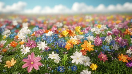 Floral Paradise: An expansive meadow blooms with vibrant wildflowers under a clear, sunny sky, offering a sense of natural beauty and visual delight.