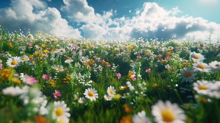 Floral Paradise: A vibrant field of wildflowers stretches towards a brilliant blue sky, evoking feelings of peace and natural beauty, creating an idyllic landscape.