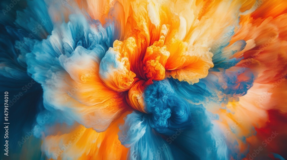 Poster abstract orange and blue paint explosion close up macro shot for background or wallpaper use in stud