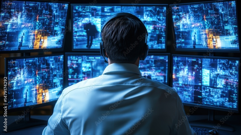 Poster expert cybersecurity analyst monito multiple digital data screens in a high-tech security operations