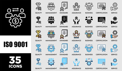 ISO 9001 icon set with various styles and colors customer satisfaction questionnaire  of quality, management, standard, assurance, business, certification and service