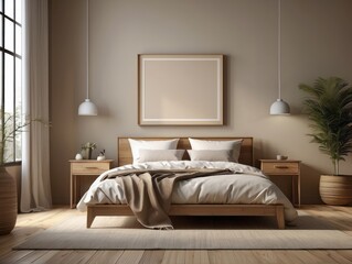 Mock up frame in bedroom interior background, beige room with natural wooden furniture