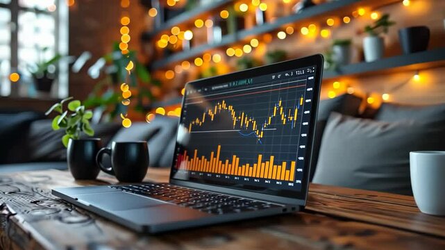 laptop on rustic wood table at cozy room, workspace , financial graph on screen 