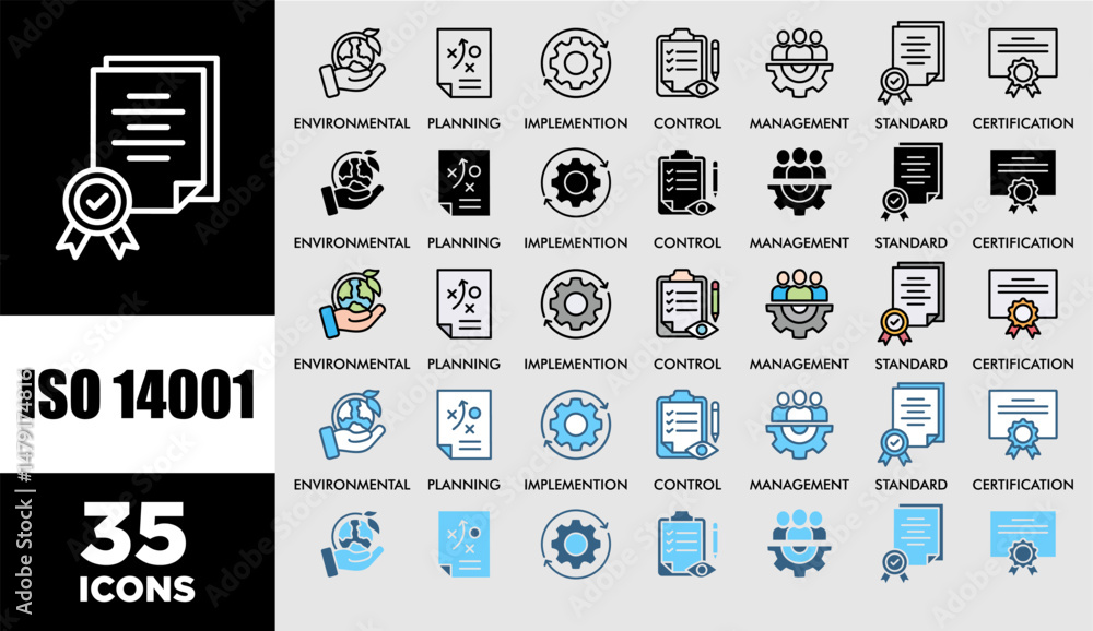 Aufkleber iso 14001 icon set with various styles and colors customer satisfaction questionnaire of environment