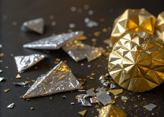Shiny silver and gold foil fragments scattered / Fragmentos brillantes de papel metálico dorado y plateado esparcidos

