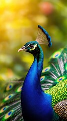 Fototapeta premium Vibrant Peacock with Glorious Feathers in Soft Natural Light