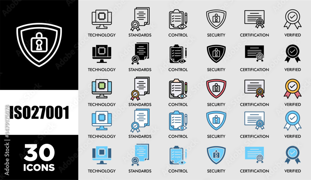 Poster iso27001 icon set with various styles and colors customer satisfaction questionnaire for information