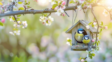 Birds in a birdhouse amidst spring blossoms.  Two blue tit birds nestled in a rustic wooden birdhouse hung amongst blooming apple trees