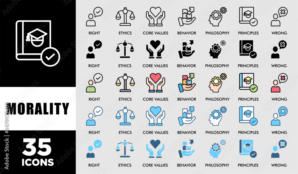 Poster morality icon set with various styles and colors customer satisfaction questionnaire of right, ethic