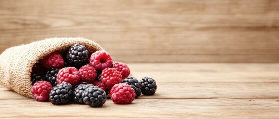 Fresh red raspberries and blackberries spilling out of a small burlap sack on aged wooden surface. Rustic countryside harvest background with summer fruits.