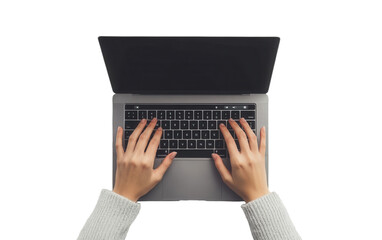 Person is typing on a laptop on transparent or white background