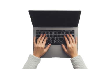 Person is typing on a laptop on transparent or white background