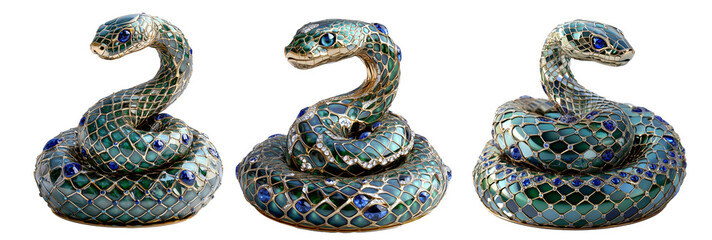 Elegant emerald snake sculpture with mosaic patterns and blue gemstones isolated on white transparent background, reptiles or wildlife, symbolizing Chinese Lunar New year