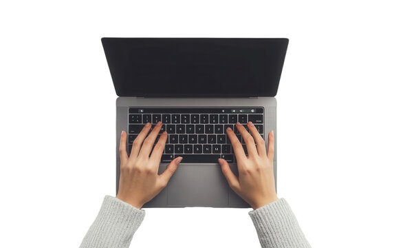 Person is typing on a laptop on transparent or white background