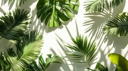 Lush tropical leaves and shadows on a white background.