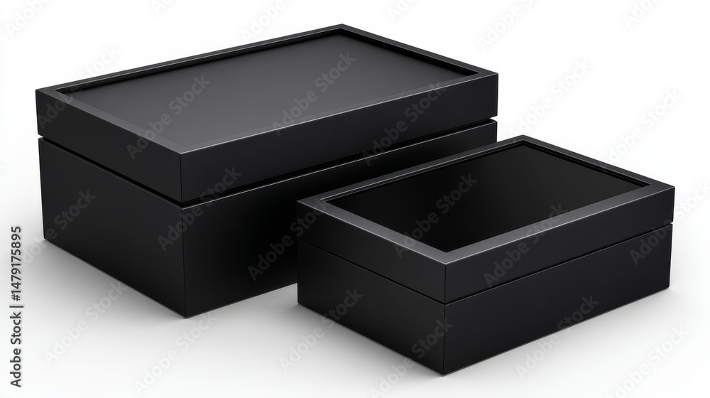 Poster 3d realistic vector mock up black boxes with and without cover. isolated illustration icon on white 