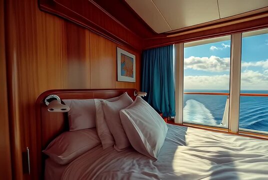 Sunlit cabin bed with ocean view.  Relaxing maritime scene