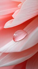Close view pink flower petals. Water droplet rests on petal surface. Gentle light bathes soft colors. Fresh garden bloom detail.