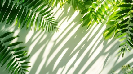 Lush green tropical leaves and shadows on a light background.
