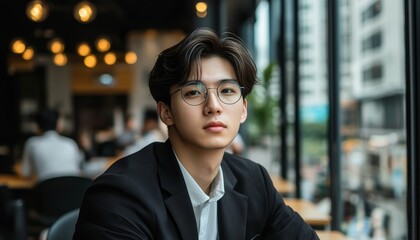 Fototapeta premium Confident Young Asian Businessman in Glasses and Formal Suit Sitting in Modern Office Cafe