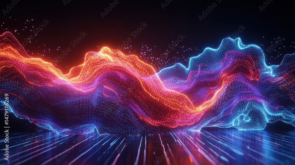 Poster vibrant abstract wave pattern with glowing neon lines and dynamic energy flow in a futuristic digita