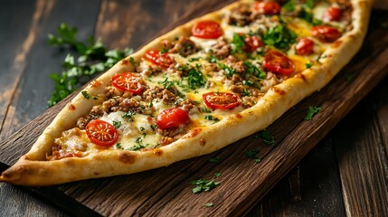 Delicious Turkish Pide Boat Pizza topped with melted cheese, savory minced meat, and juicy tomatoes