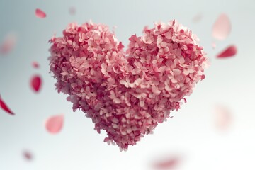Obraz premium Floating cherry blossom petals forming a heart shape with soft focus and subtle motion blur on white background. Soft shadows, clean composition, and professional lighting in high detail.