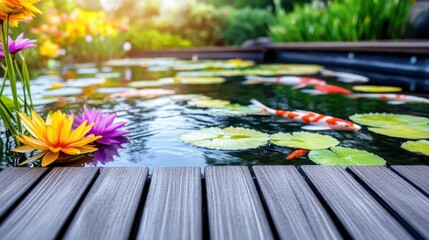 Serene Garden Pond with Koi Fish and Colorful Water Lilies