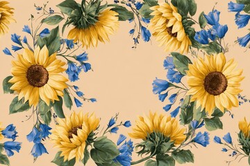 Floral sunflower and bellflower wreath design on a pastel background.