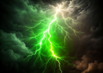 Vivid green lightning bolt flashing in dark sky / Relámpago verde intenso brillando en cielo oscuro