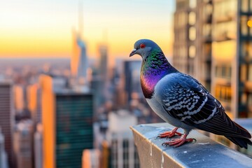 Colorful Pigeon Perched on a Building Against City Skyline at Sunset