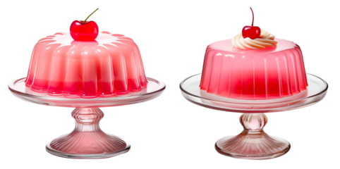 group of pink jelly gelatin cake with cherry on cake stand isolated on white background