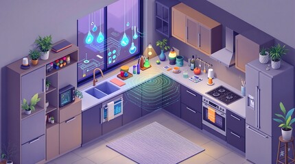 Isometric kitchen interior design with smart technology visualization and modern appliances ready for cooking.