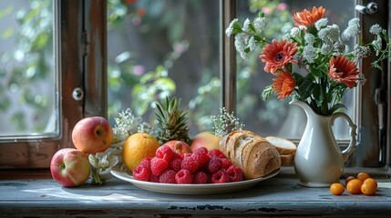 Breakfast plate with fruit, bread, and soft light