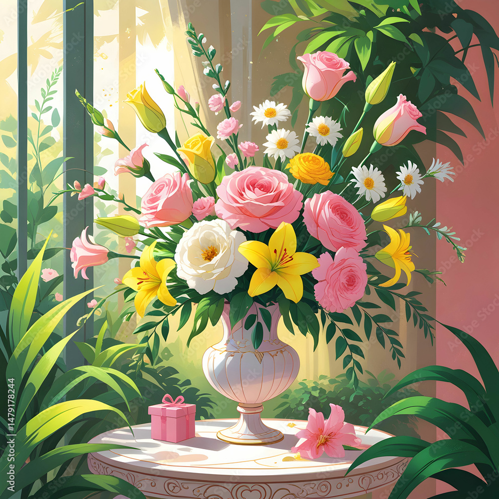 Fototapete an artistic layout with multicolored carnations scattered around a 