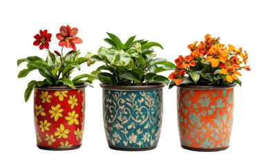 Three colorful flower pots with different designs and colors on transparent or white background
